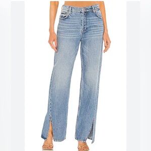 We The Free People Long Lines Slit Straight Jeans 27 ButtonFly Whiskering Light